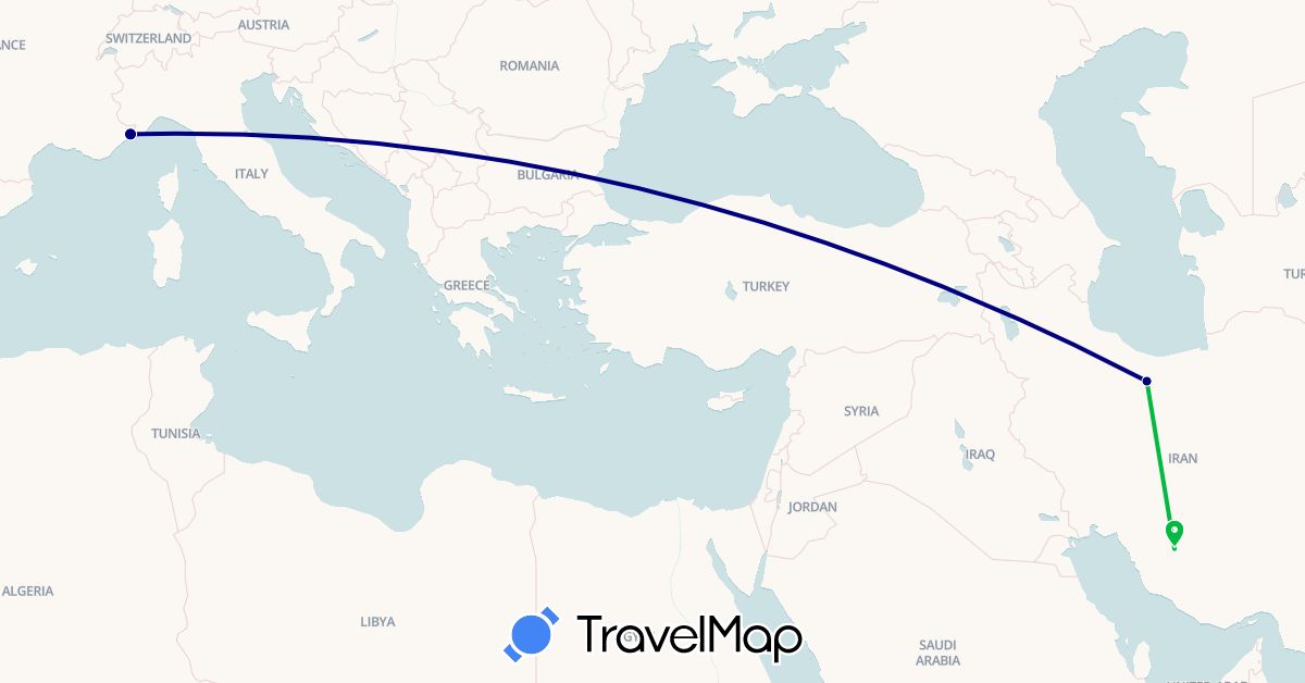 TravelMap itinerary: driving, bus, plane in France, Iran (Asia, Europe)